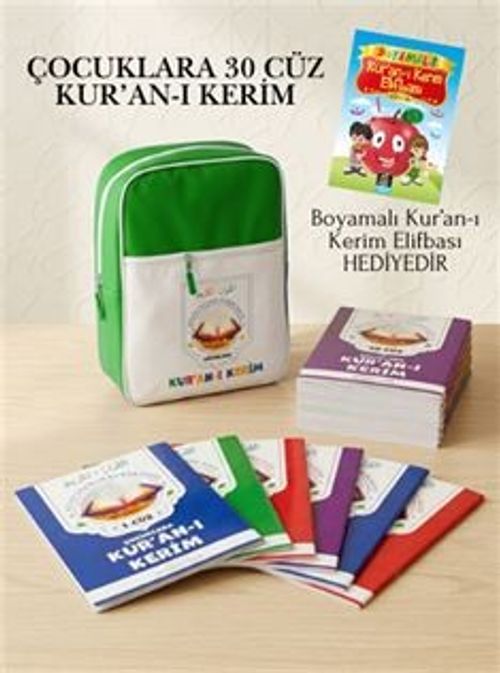 Çocuklara 30 Cüz Kur'an-ı Kerim (Yeşil Çantalı) Boyamalı Kur'an-ı Kerim Elifbası Hediyeli