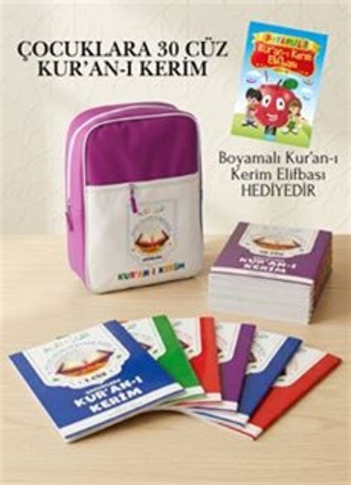 Çocuklara 30 Cüz Kur'an-ı Kerim (Pembe Çantalı) Boyamalı Kur'an-ı Kerim Elifbası Hediyedir