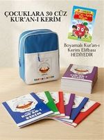 Çocuklara 30 Cüz Kur'an-ı Kerim (Mavi Çantalı) Boyamalı Kur'an-ı Kerim Elifbası Hediyeli