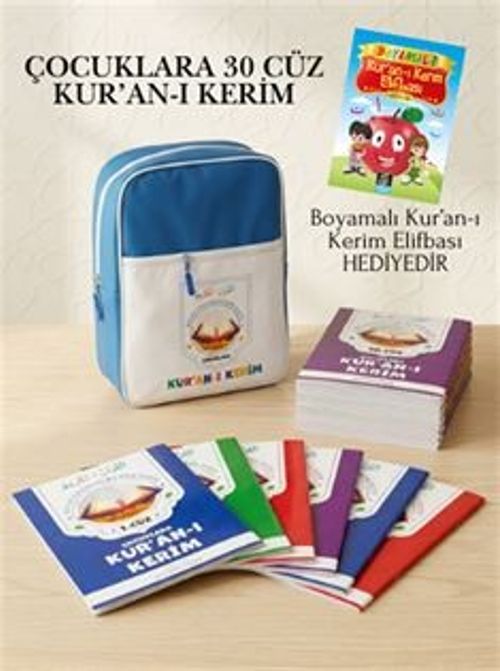 Çocuklara 30 Cüz Kur'an-ı Kerim (Mavi Çantalı) Boyamalı Kur'an-ı Kerim Elifbası Hediyeli