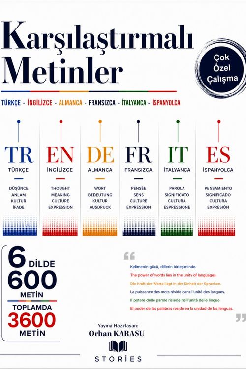 Karşılaştırmalı Metinler Türkçe-İngilizce-Almanca-Fransızca-İtalyanca-İspanyolca & 6 Dilde 600 Farklı Metin Toplamda 3600 Metin