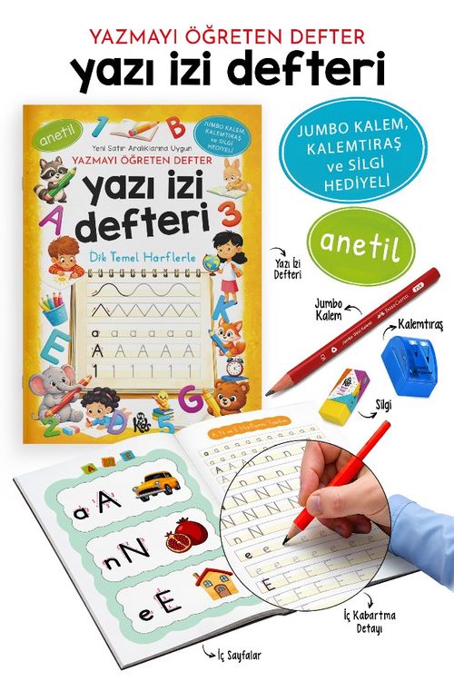 Yazı İzi Defteri - Yazmayı Öğreten Defter - Jumbo Kalem, Kalemtıraş ve Silgi Hediyeli