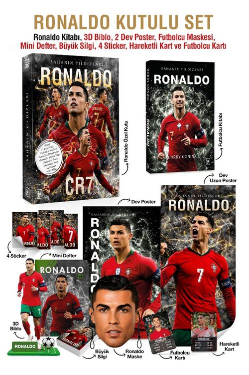 Ronaldo Özel Kutulu Set (Sahanın Yıldızları Ronaldo Kitabı, 3D Biblo, 2 Dev Poster, Futbolcu Maskesi, Ronaldo Mini Defter, Ronaldo Büyük Silgi, 4 Sticker, Hareketli Kart ve Futbolcu Kartı Hediyeli!)