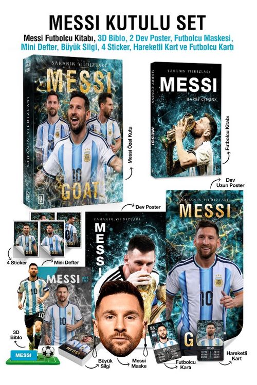 Messi Özel Kutulu Set - Sahanın Yıldızları Messi Kitabı, 3D Biblo, 2 Dev Poster, Futbolcu Maskesi, Messi Mini Defter, Messi Büyük Silgi, 4 Sticker, Hareketli Kart ve Futbolcu Kartı Hediyeli!