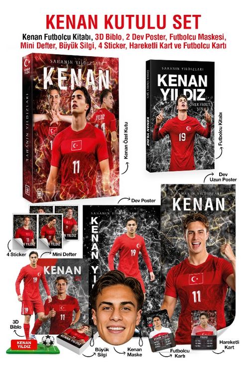 Kenan Özel Kutulu Set - Sahanın Yıldızları Kenan Kitabı, 3D Biblo, 2 Dev Poster, Futbolcu Maskesi, Kenan Mini Defter, Kenan Büyük Silgi, 4 Sticker, Hareketli Kart ve Futbolcu Kartı Hediyeli!