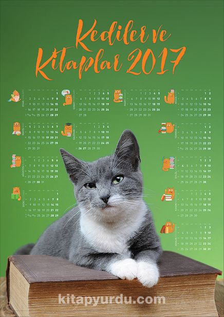 2017 Takvimli Poster - Kediler ve Kitaplar - Yeşil