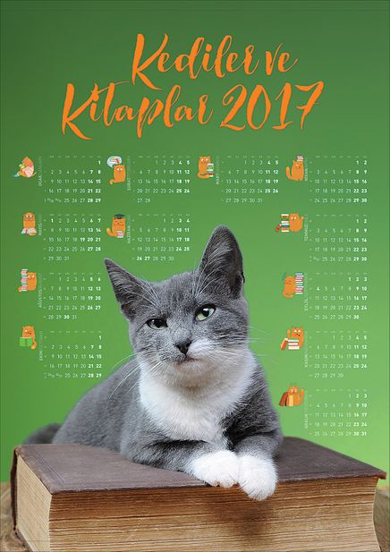 2017 Takvimli Poster - Kediler ve Kitaplar - Yeşil