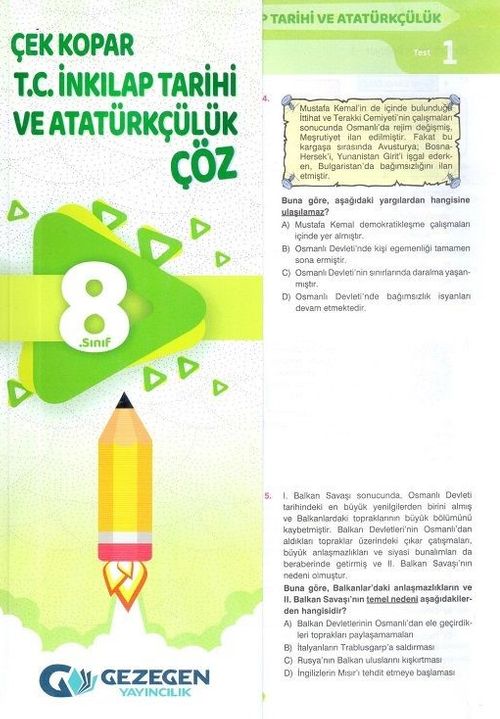 8. Sınıf T.C. İnkılap Tarihi ve Atatürkçülük Çek Kopar Yaprak Test
