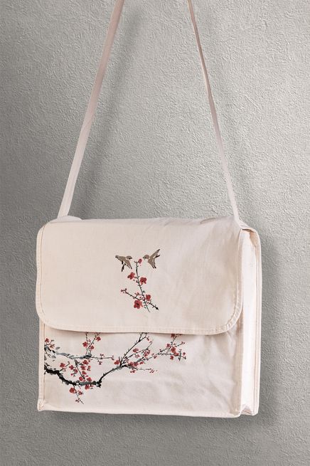 Postacı Bez Çanta - Kuşlar ve Kiraz Çiçeği