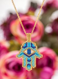 Miyuki Fatma Ana Eli Turkuaz Çok Renkli Kolye (Miyuki 07)