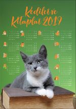 2019 Takvimli Poster - Kediler ve Kitaplar - Yeşil