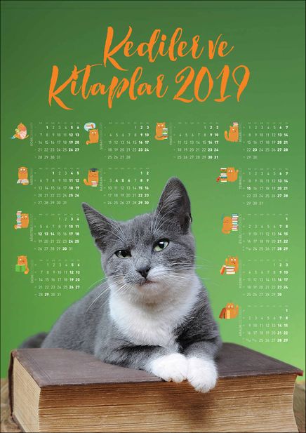 2019 Takvimli Poster - Kediler ve Kitaplar - Yeşil