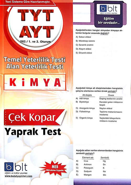 TYT AYT Kimya Çek Kopar Yaprak Test