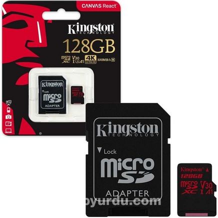 Kingston 128Gb Mıcrosdxc Canvas React 100R/80W U3 Uhs-I V30 A1 Card + Sd Adaptör Sdcr/128Gb