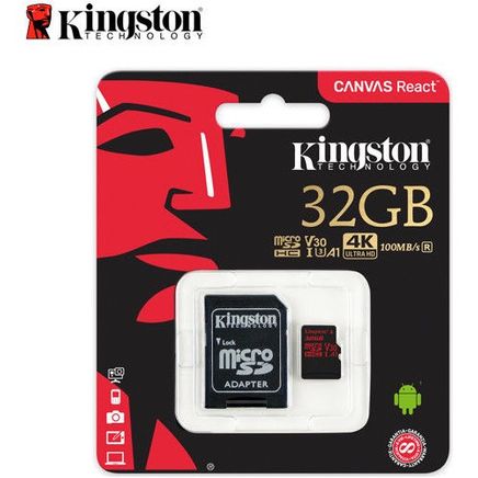 Kingston 32Gb Microsdxc Canvas React 100R/70W U3 Uhs-I V30 A1 Card + Sd Adaptör Sdcr/32Gb