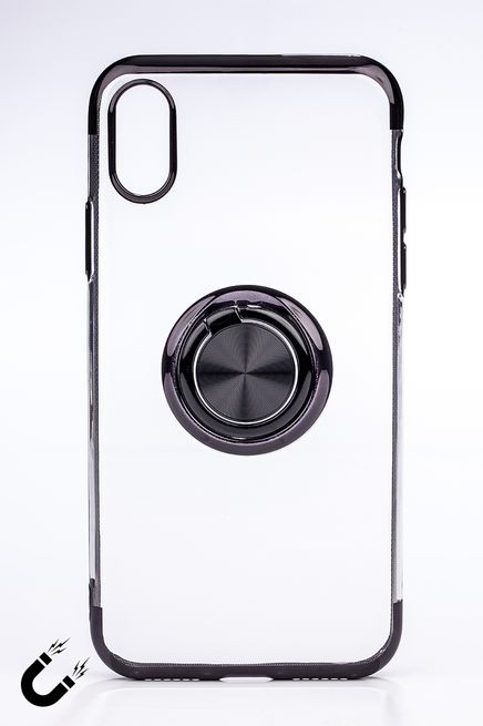 Telefon Kılıfı - Apple iPhone X ve XS - Yüzüklü Şeffaf - Siyah (TŞY-006)