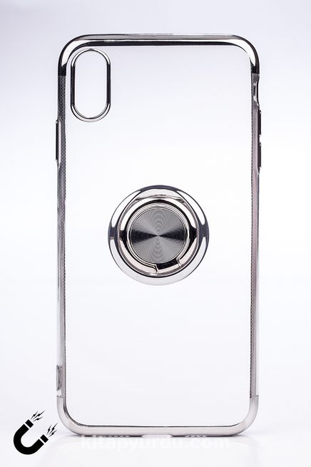 Telefon Kılıfı - Apple iPhone XS Max - Yüzüklü Şeffaf - Gümüş (TŞY-009)