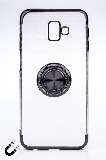 Telefon Kılıfı - Samsung Galaxy J6  - Yüzüklü Şeffaf - Siyah (TŞY-022)
